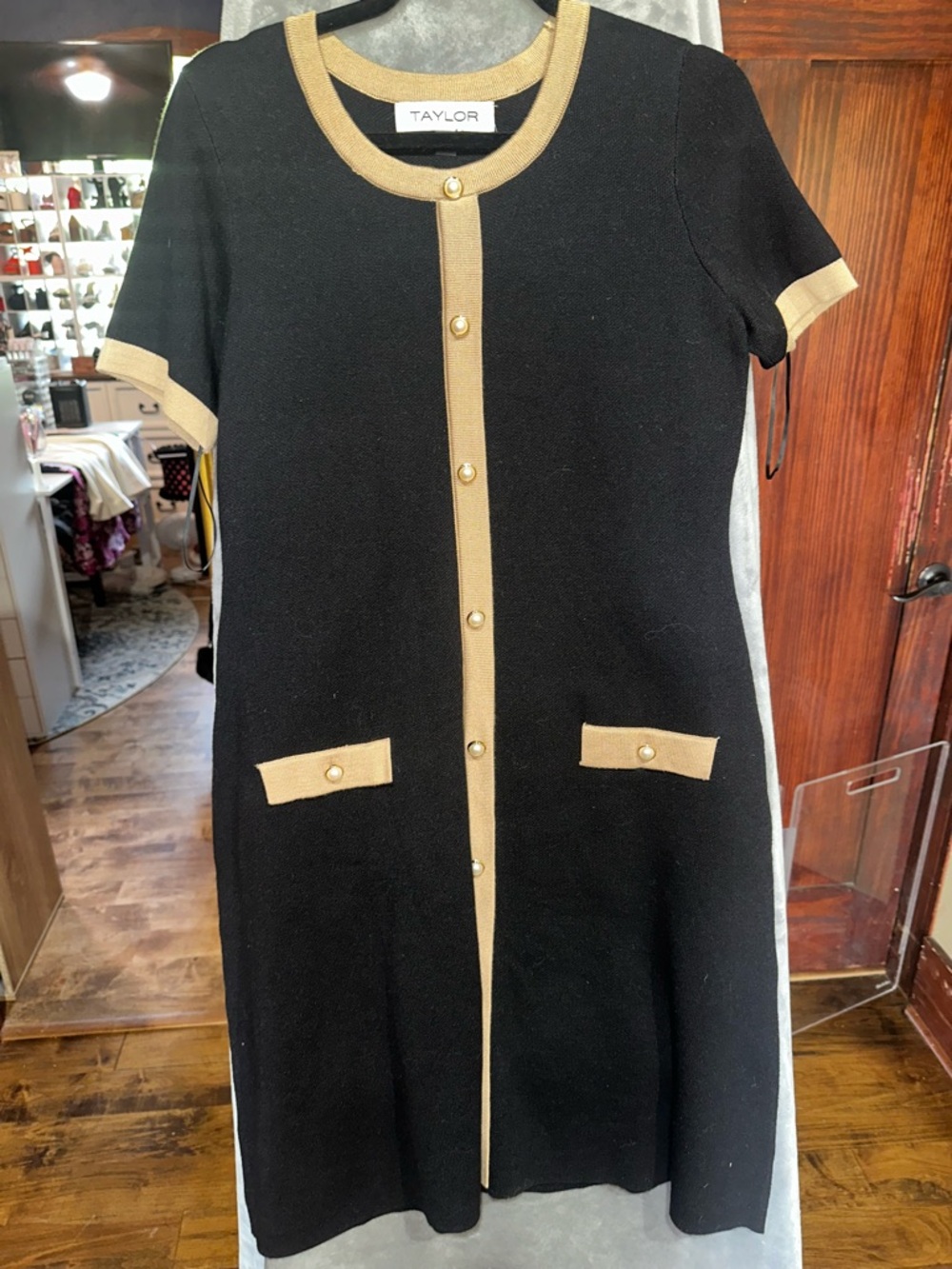 Taylor Black and Tan Trim Short-Sleeve Midi Dress